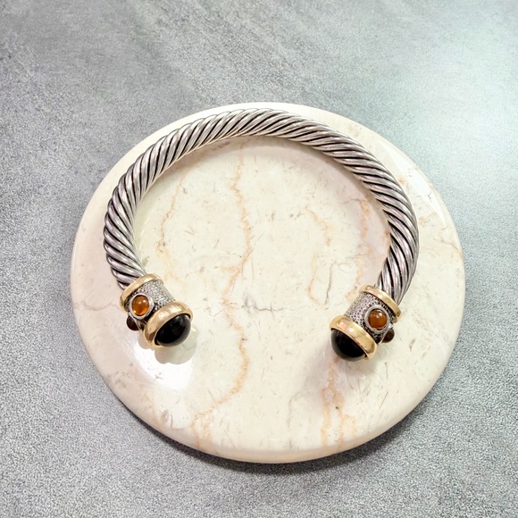 Jewelry - Vintage Two Tone Sliver/Gold Twisted Cable Bangle Cuff Bracelet With Cabochons
